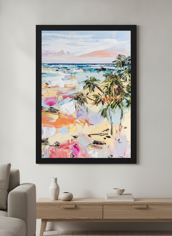 Modern wall art styled above a sofa in a neutral living room