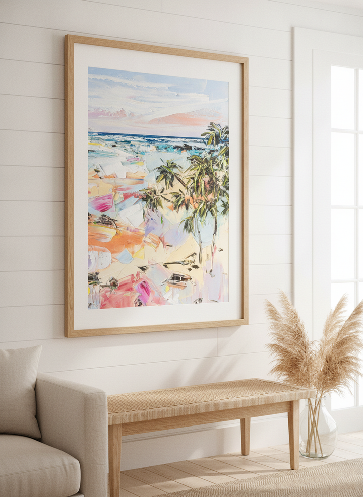 Neutral wall art displayed in a sunny coastal beach house