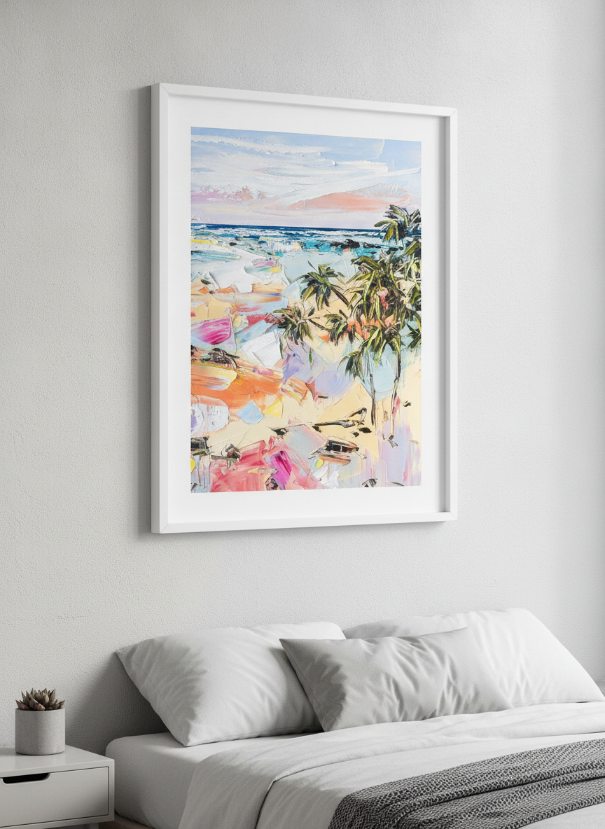 Minimalist artwork displayed in a calm, light-filled bedroom interior