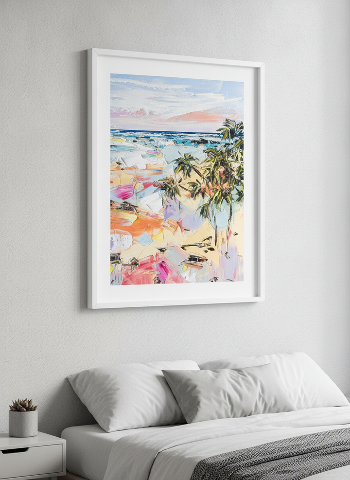 Minimalist artwork displayed in a calm, light-filled bedroom interior