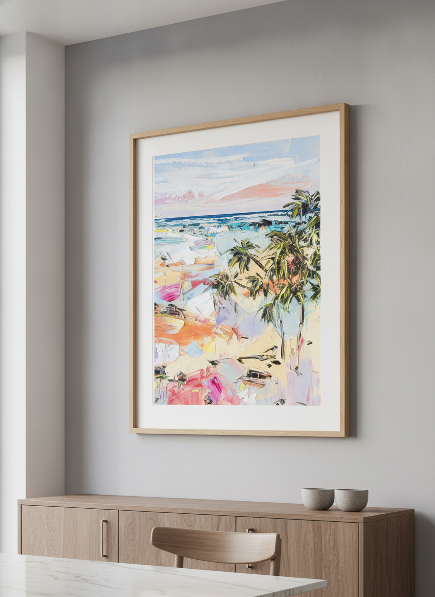 Wall art styled above a dining table in a contemporary home