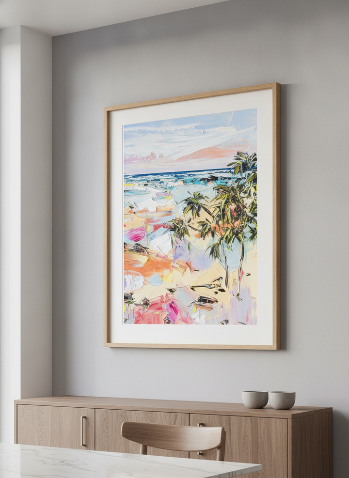 Wall art styled above a dining table in a contemporary home