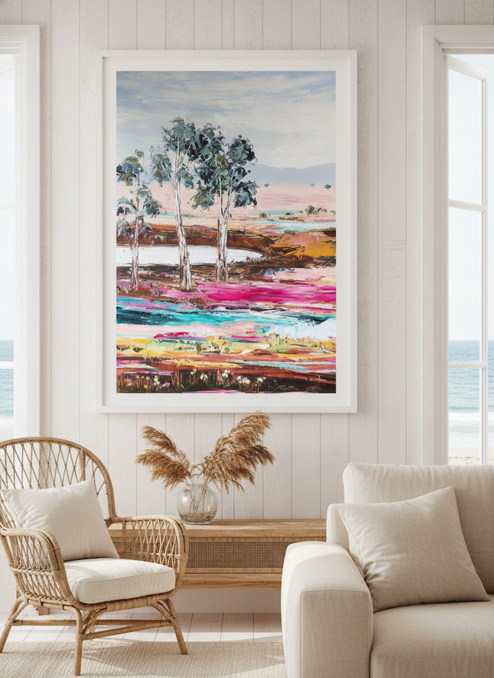 Neutral wall art displayed in a sunny coastal beach house