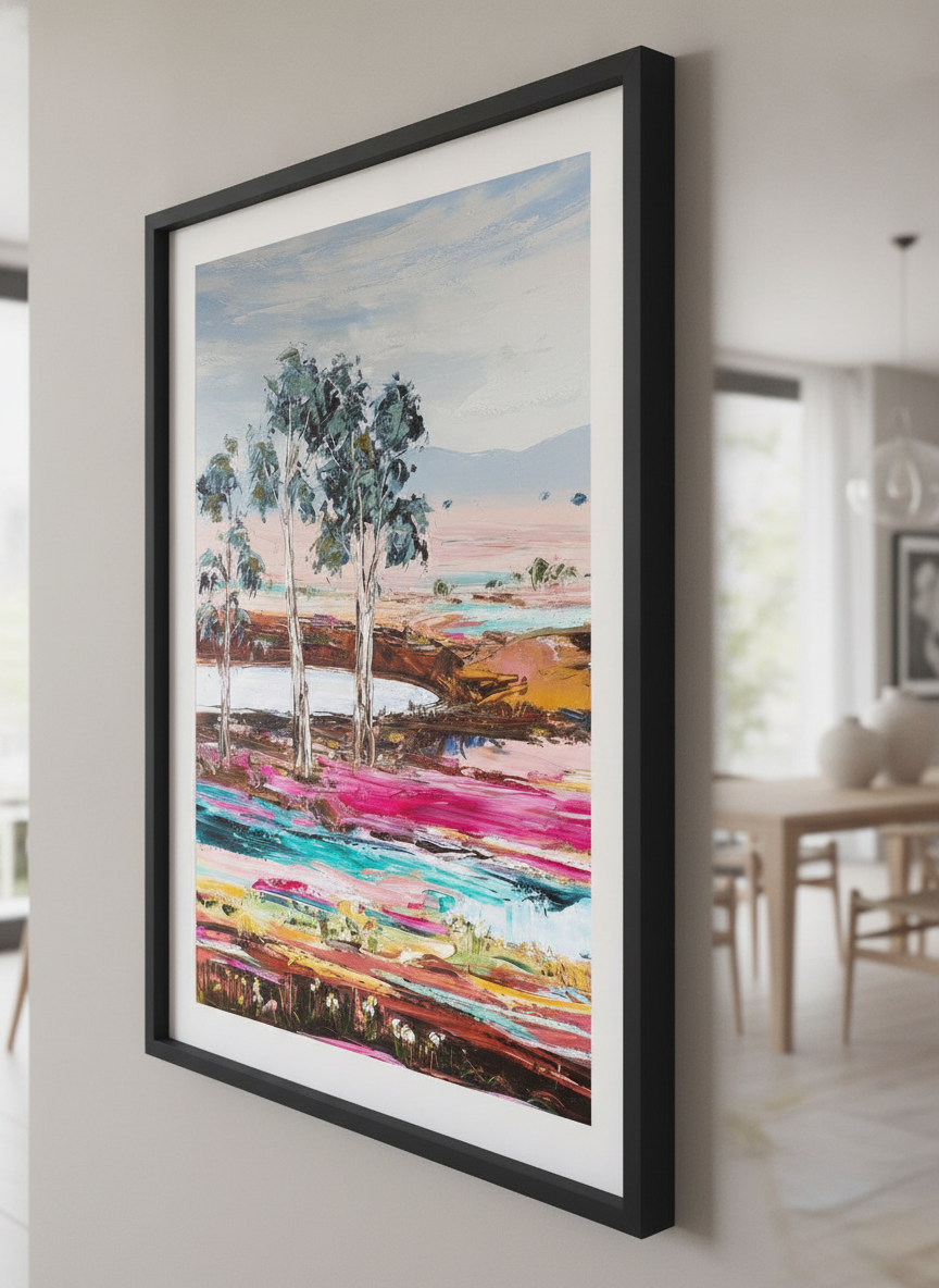 Wall art styled above a dining table in a contemporary home