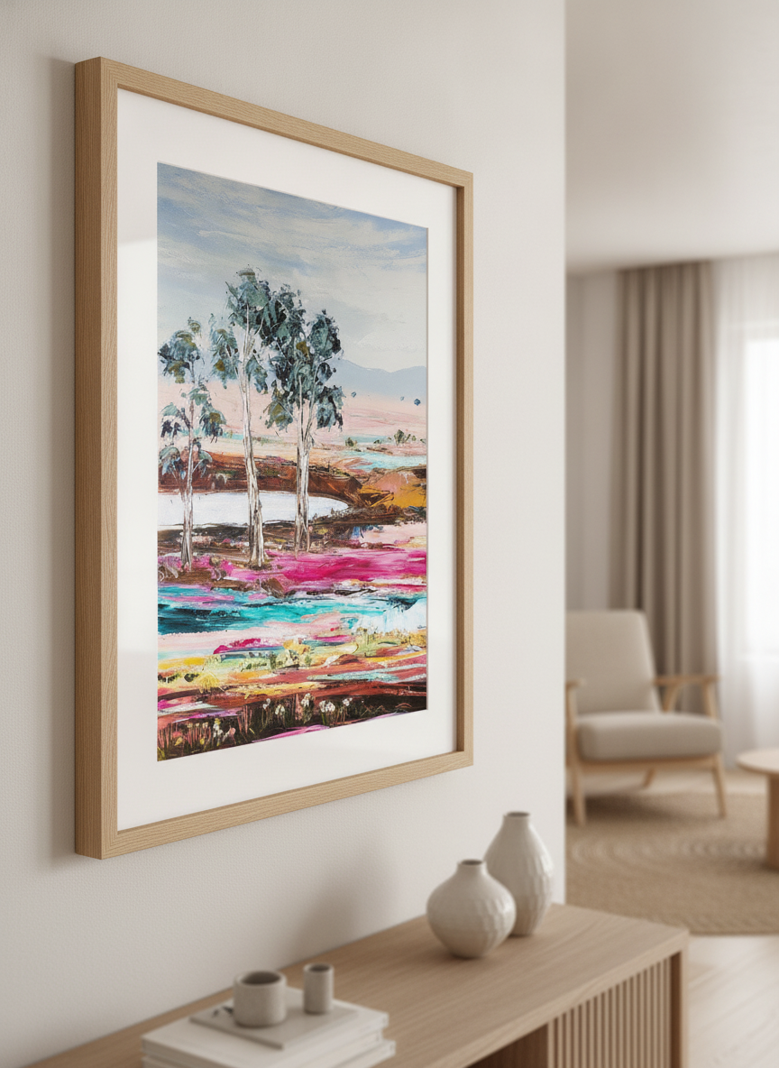Modern wall art styled above a sofa in a neutral living room