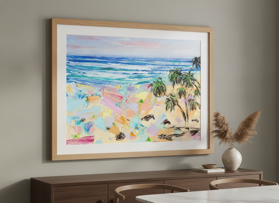 Wall art styled above a dining table in a contemporary home