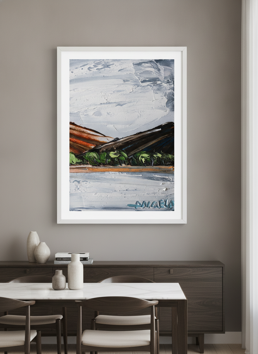 Wall art styled above a dining table in a contemporary home