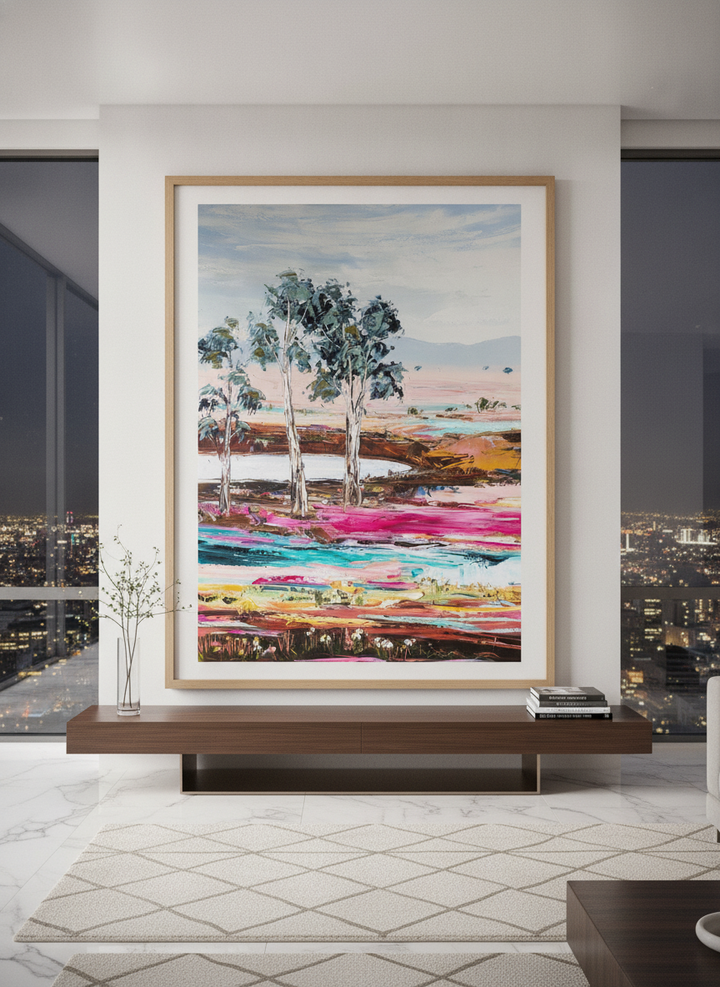Monumental artwork centred on a feature wall in a luxe interior