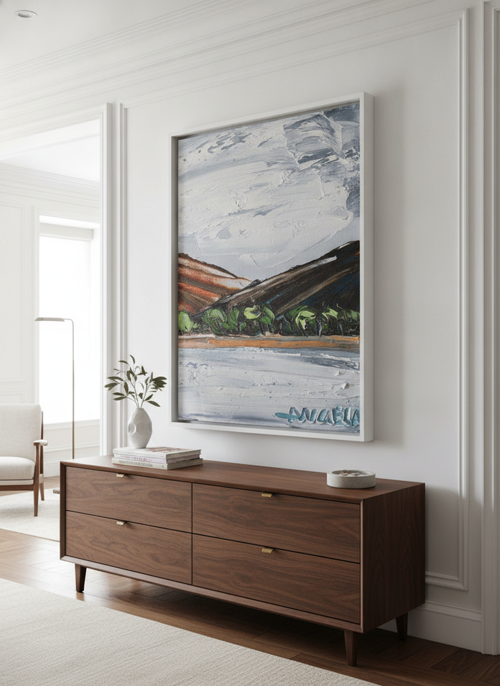 Monumental artwork centred on a feature wall in a luxe interior