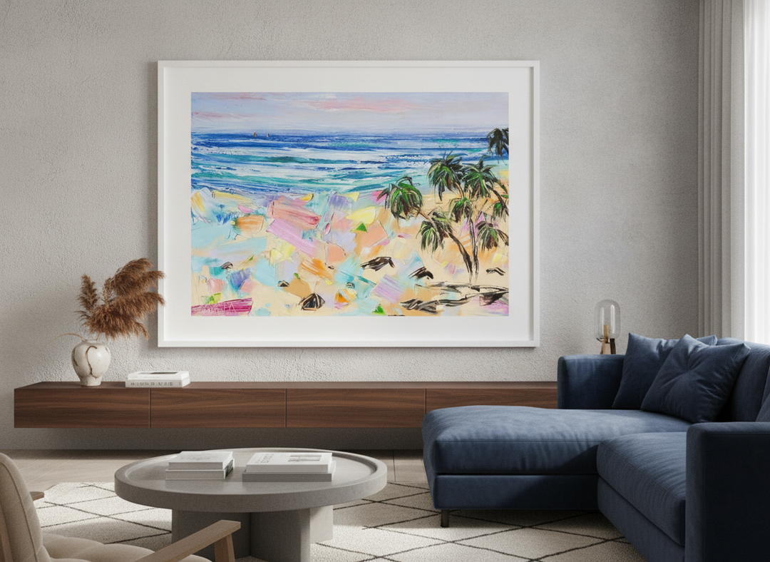Monumental artwork centred on a feature wall in a luxe interior