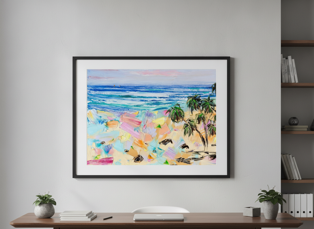 Contemporary wall art featured in a bright modern office workspace