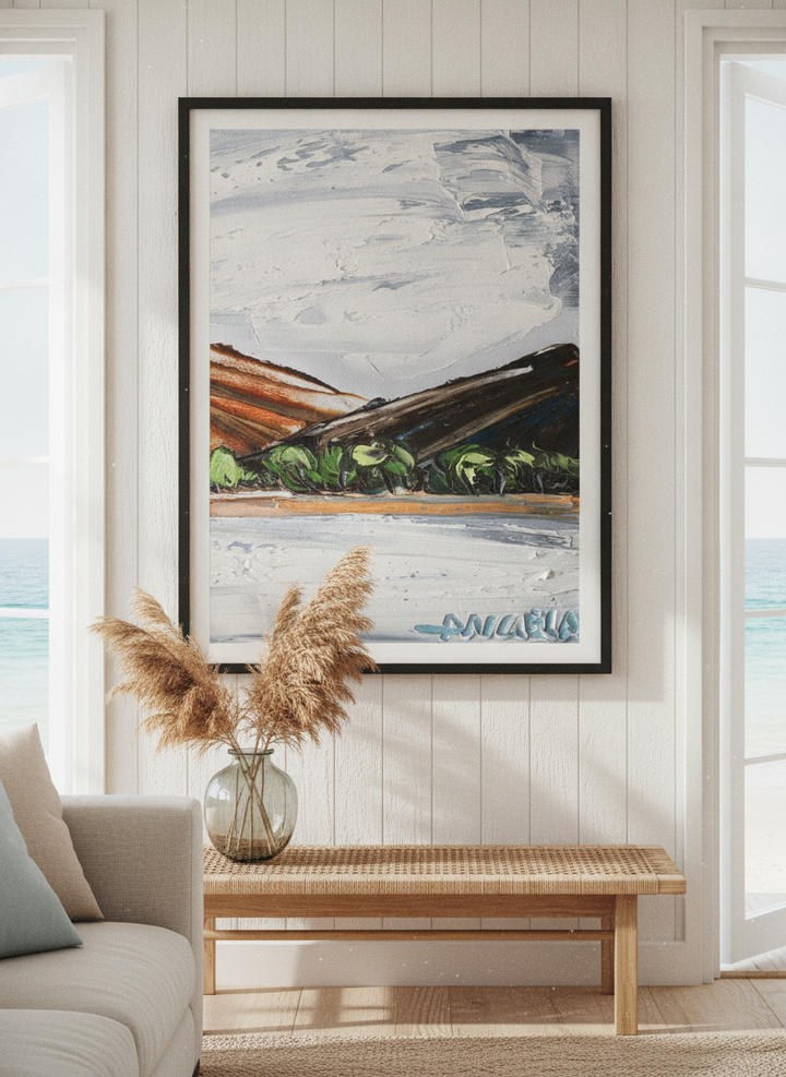 Neutral wall art displayed in a sunny coastal beach house