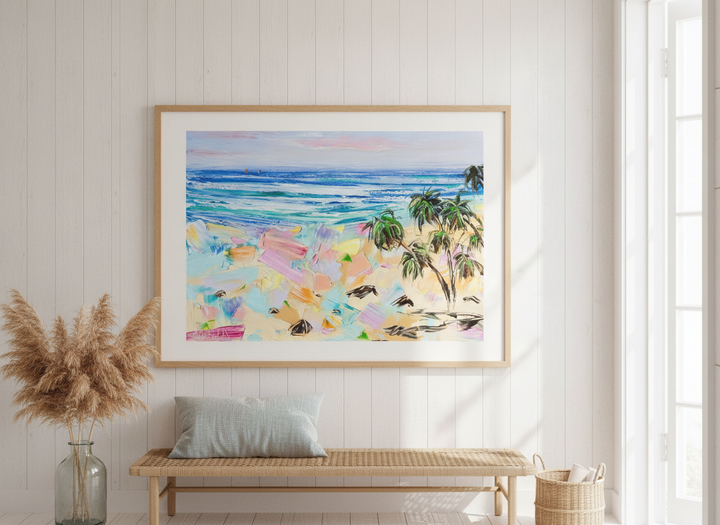 Neutral wall art displayed in a sunny coastal beach house