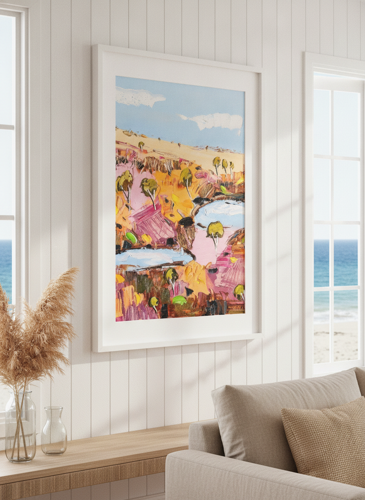 Neutral wall art displayed in a sunny coastal beach house