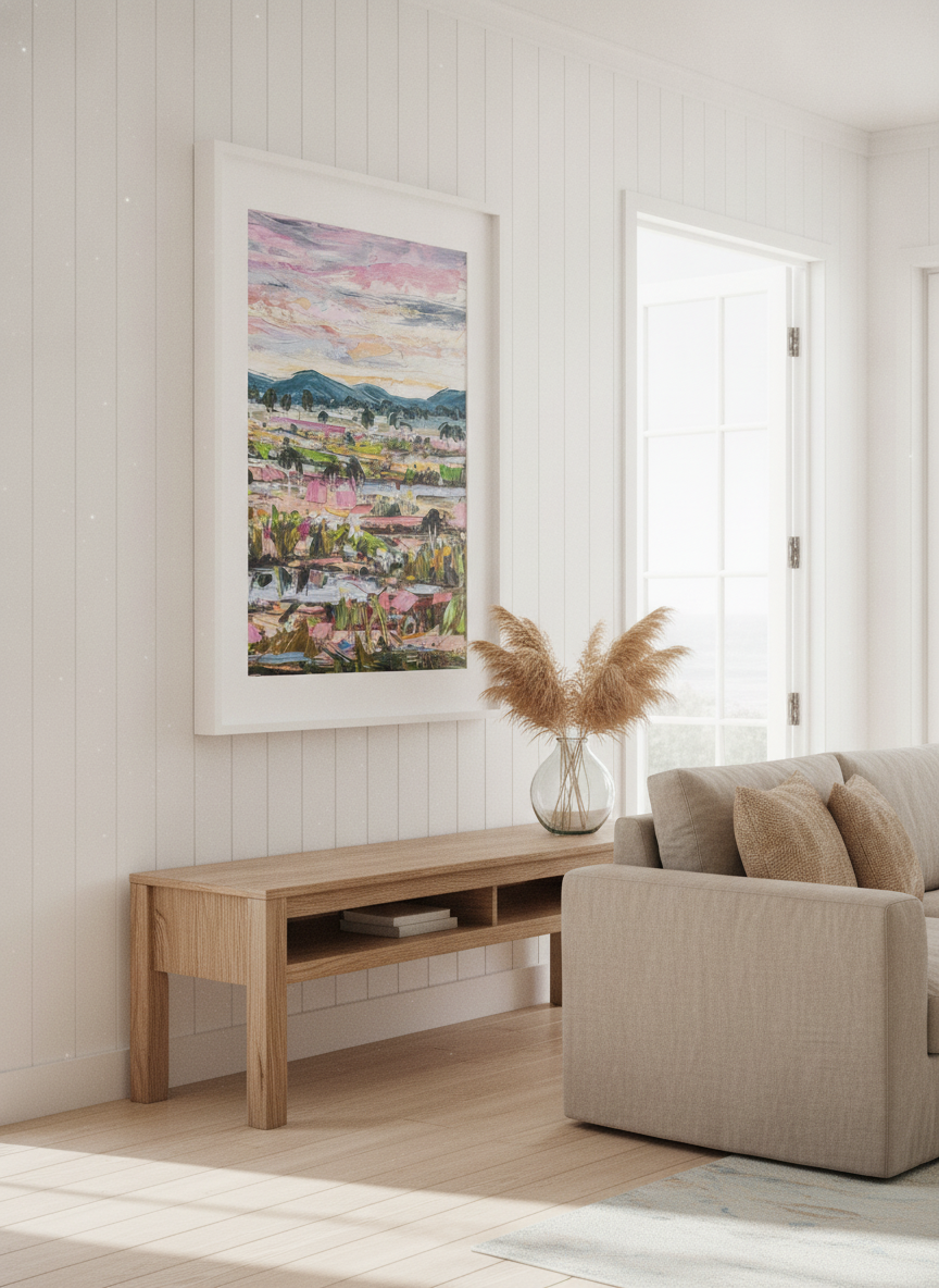 Neutral wall art displayed in a sunny coastal beach house