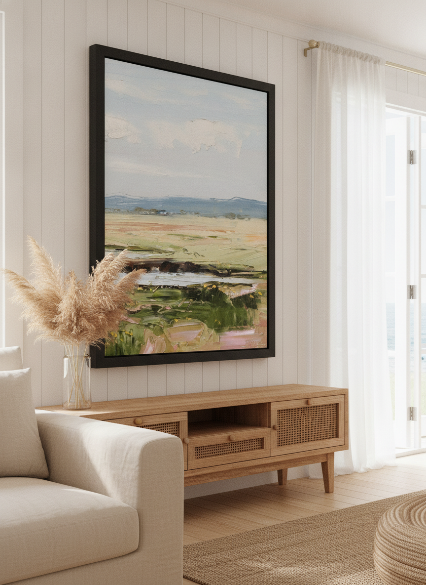 Neutral wall art displayed in a sunny coastal beach house