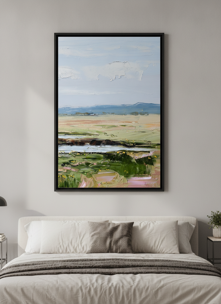 Minimalist artwork displayed in a calm, light-filled bedroom interior