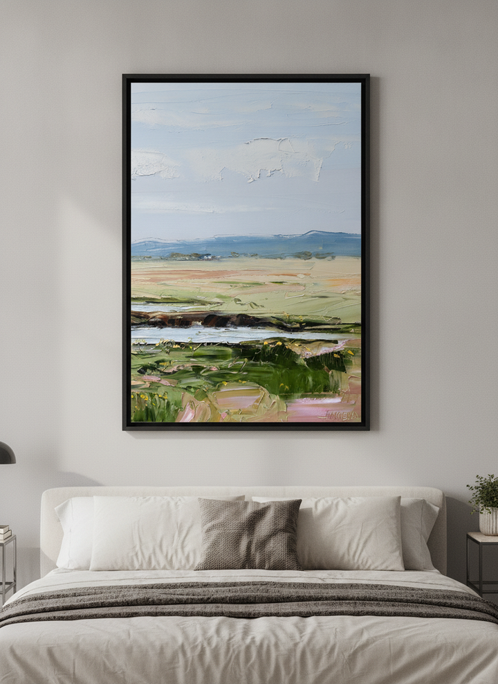 Minimalist artwork displayed in a calm, light-filled bedroom interior