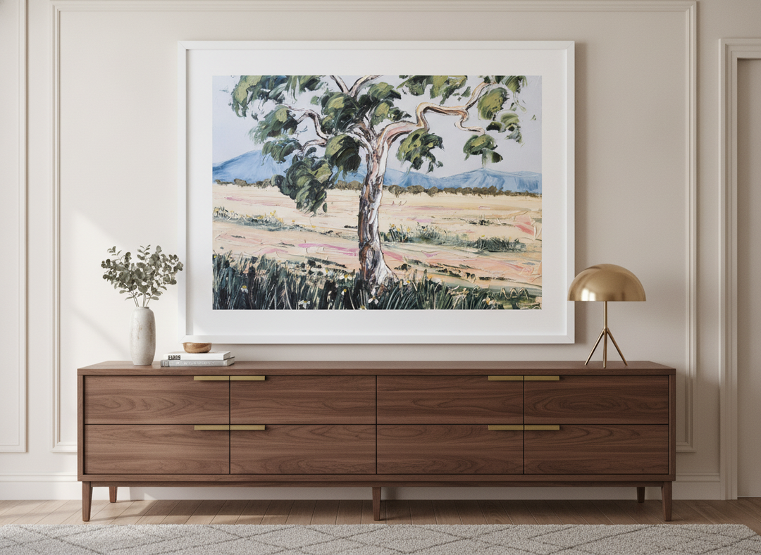 Monumental artwork centred on a feature wall in a luxe interior