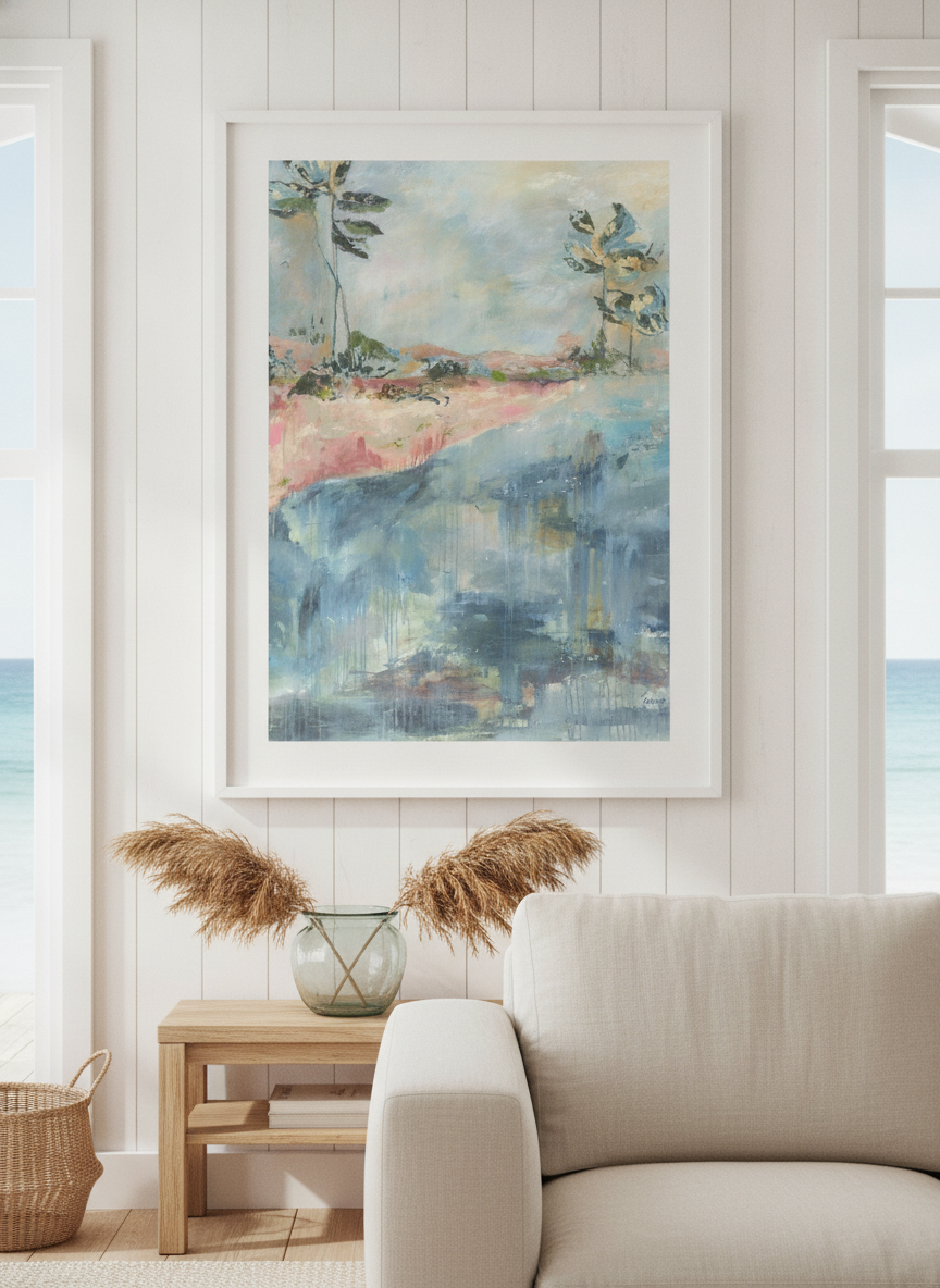 Neutral wall art displayed in a sunny coastal beach house