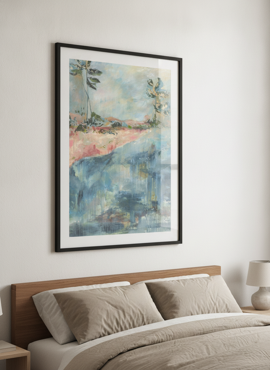 Minimalist artwork displayed in a calm, light-filled bedroom interior