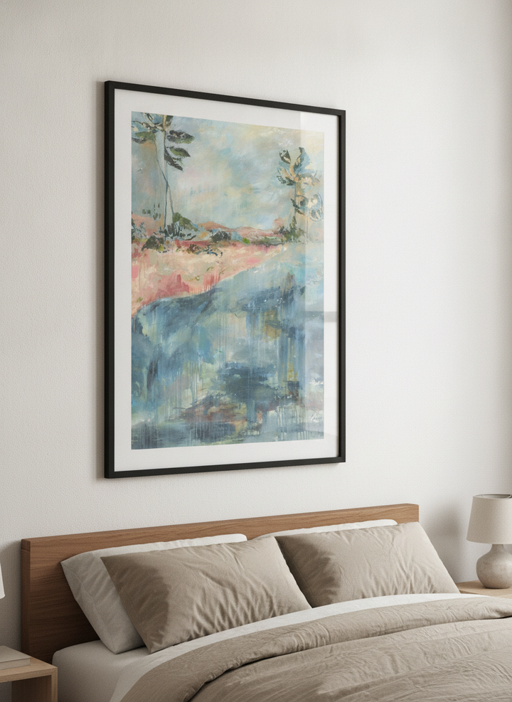 Minimalist artwork displayed in a calm, light-filled bedroom interior