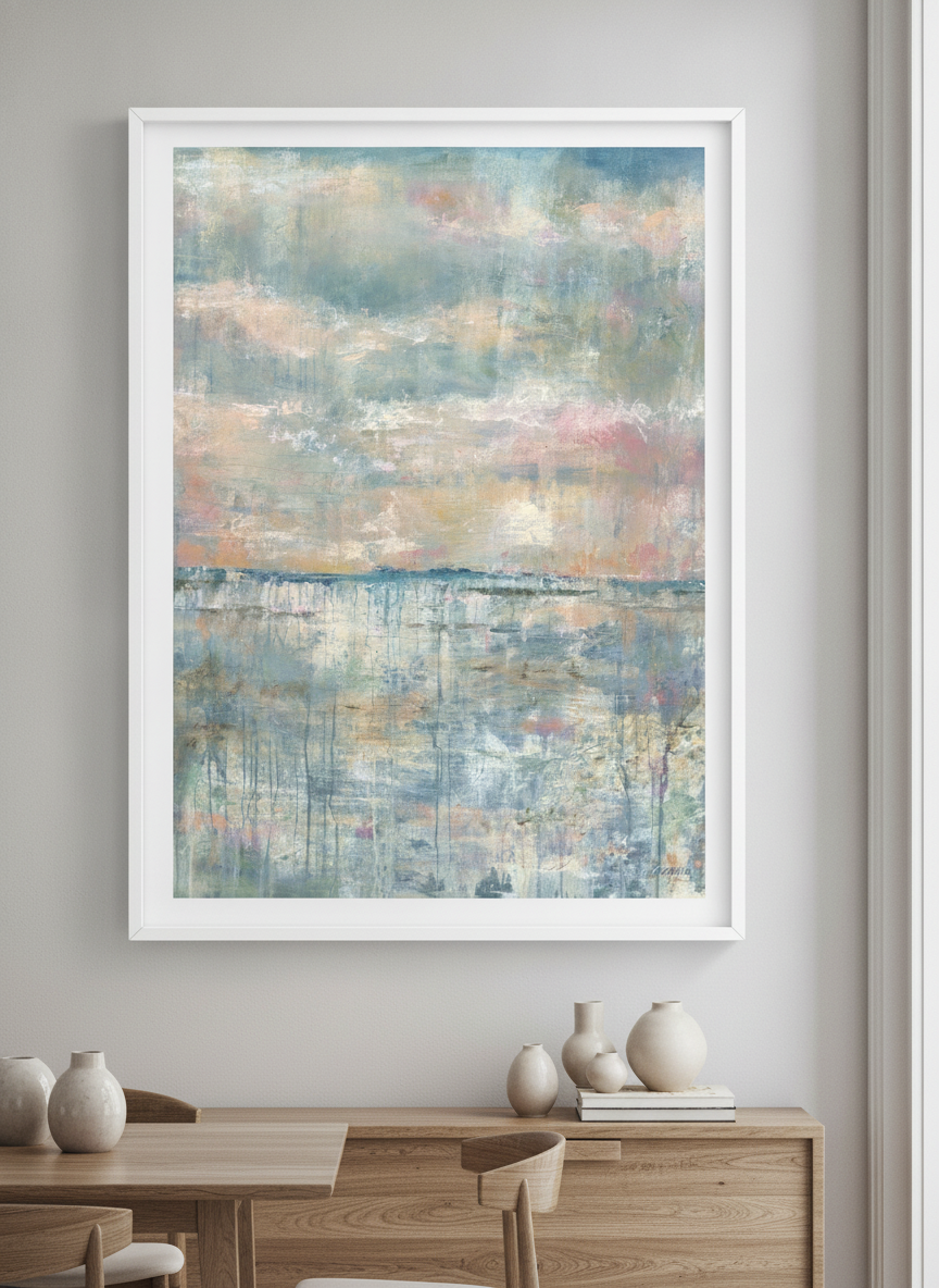 Wall art styled above a dining table in a contemporary home