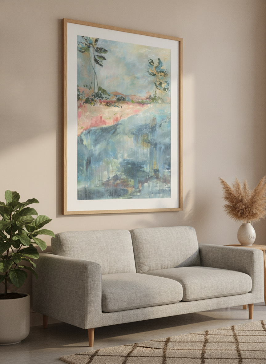 Modern wall art styled above a sofa in a neutral living room