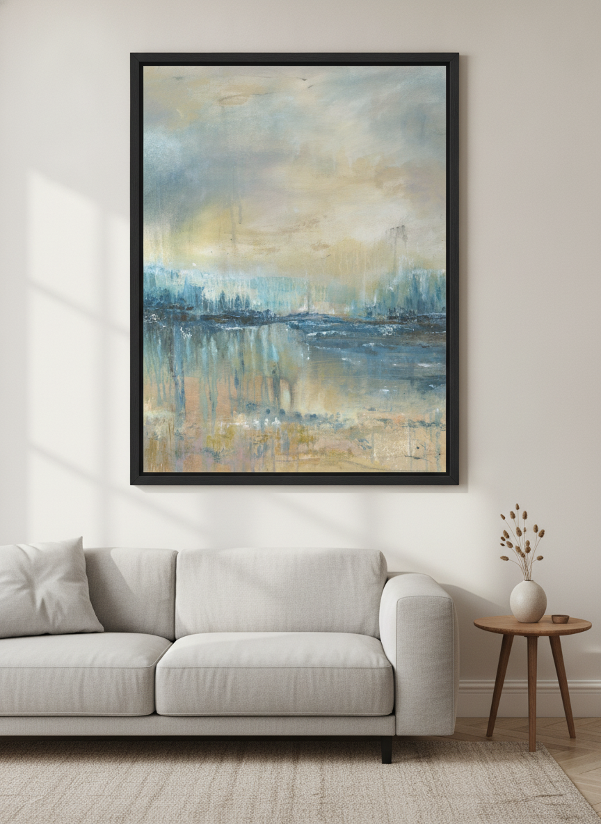 Modern wall art styled above a sofa in a neutral living room