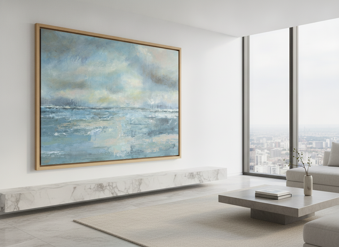 Monumental artwork centred on a feature wall in a luxe interior
