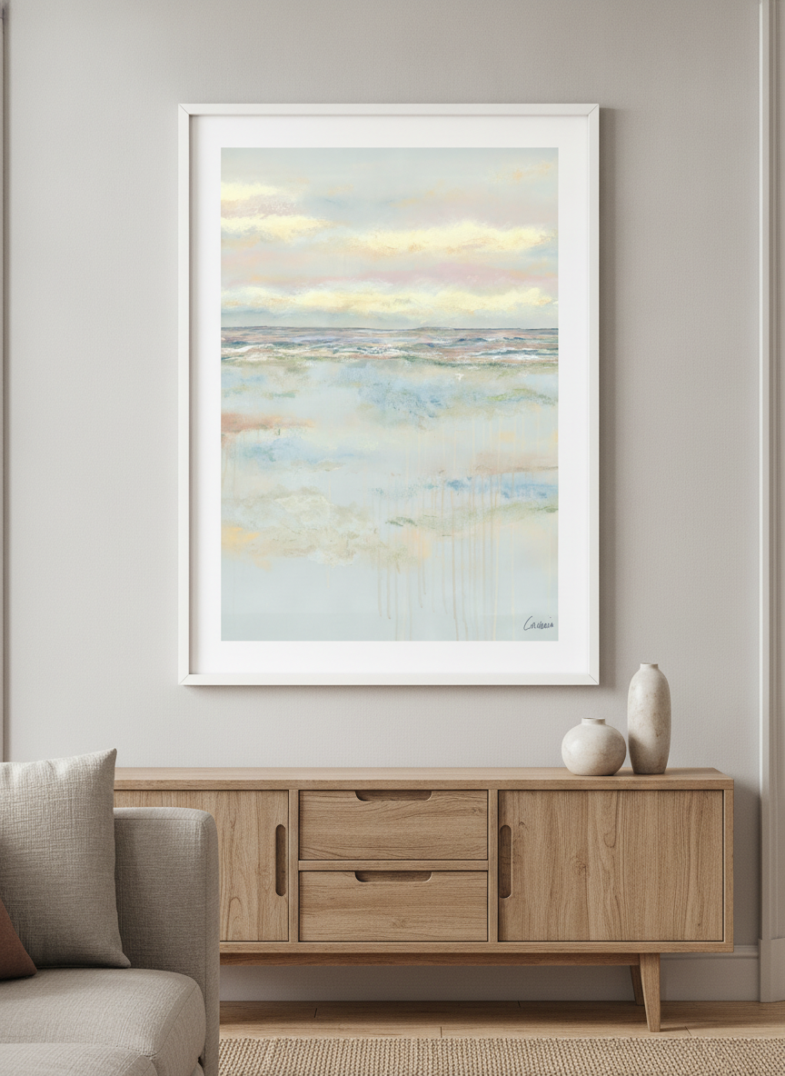Modern wall art styled above a sofa in a neutral living room