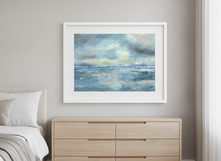 Minimalist artwork displayed in a calm, light-filled bedroom interior