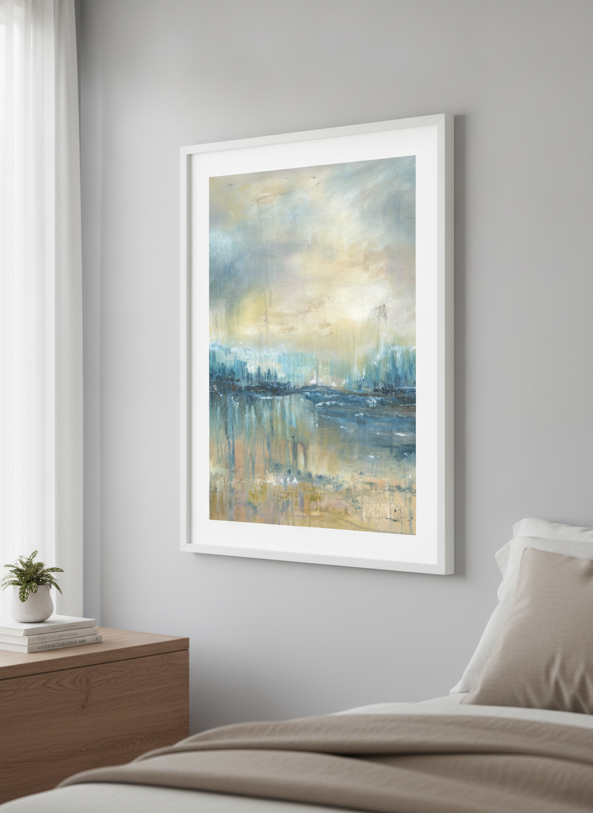 Minimalist artwork displayed in a calm, light-filled bedroom interior