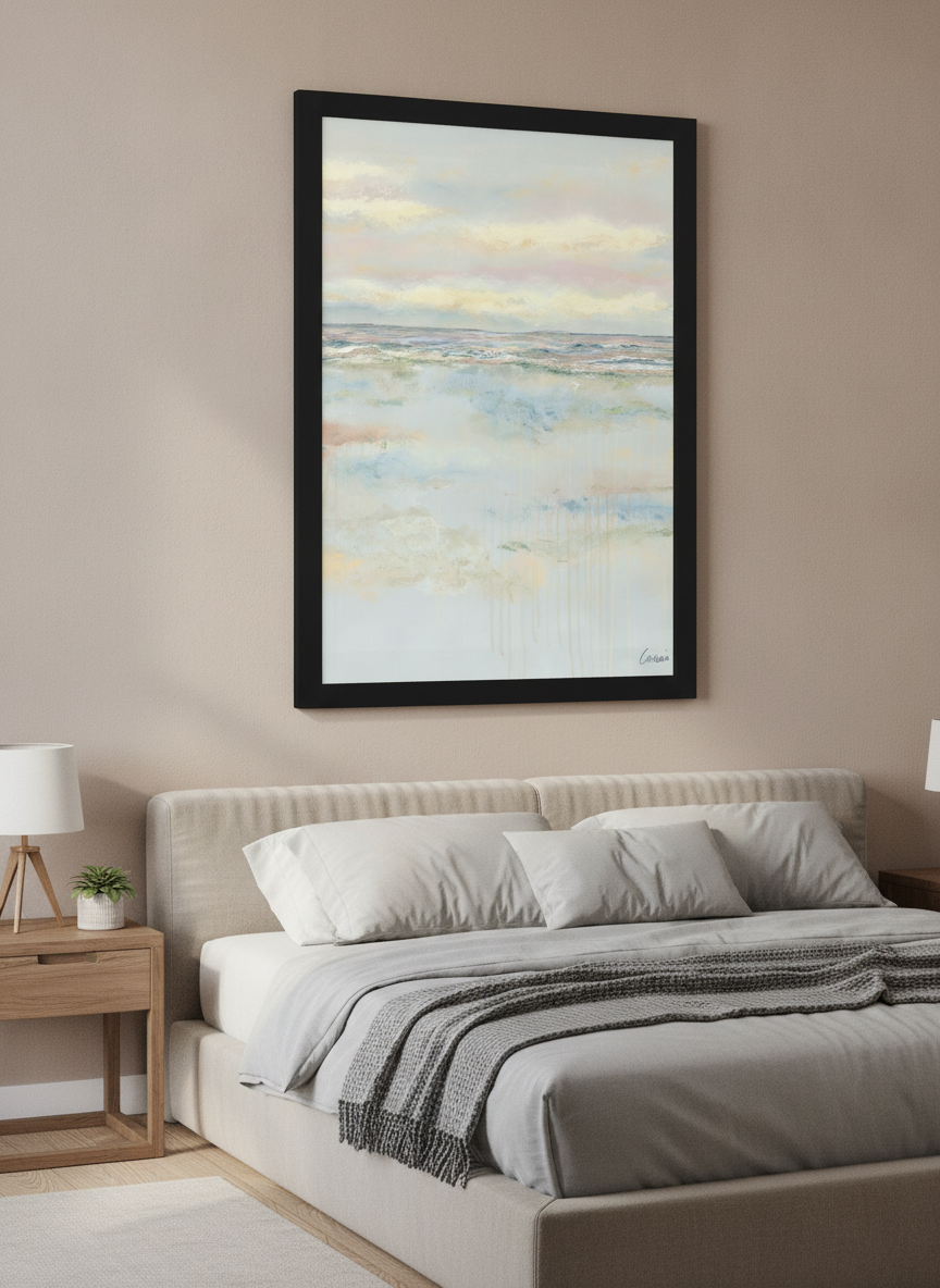 Minimalist artwork displayed in a calm, light-filled bedroom interior