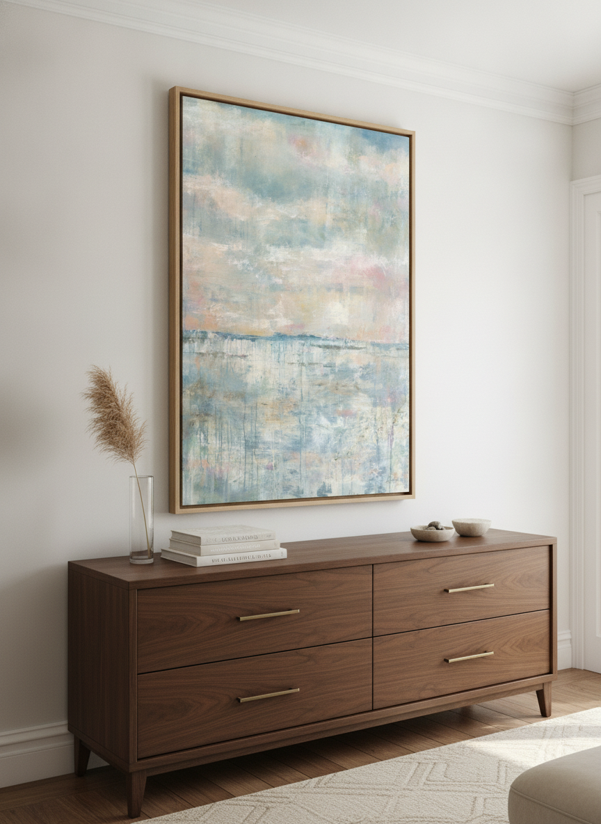 Monumental artwork centred on a feature wall in a luxe interior