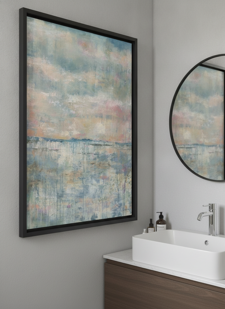 Modern print displayed in a clean minimalist bathroom setting