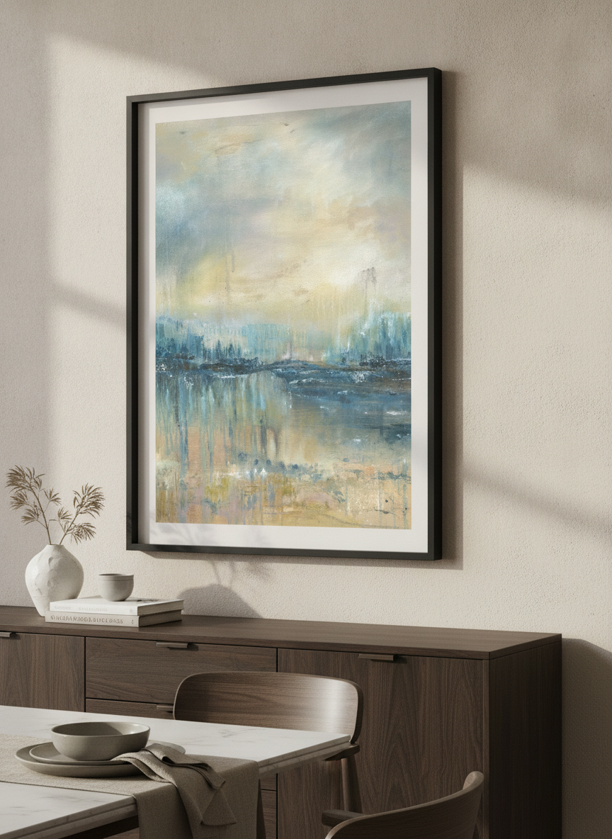 Wall art styled above a dining table in a contemporary home