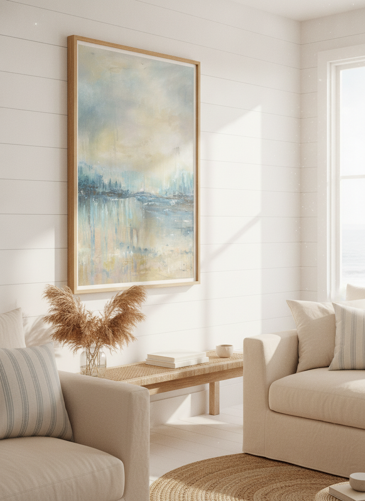 Neutral wall art displayed in a sunny coastal beach house