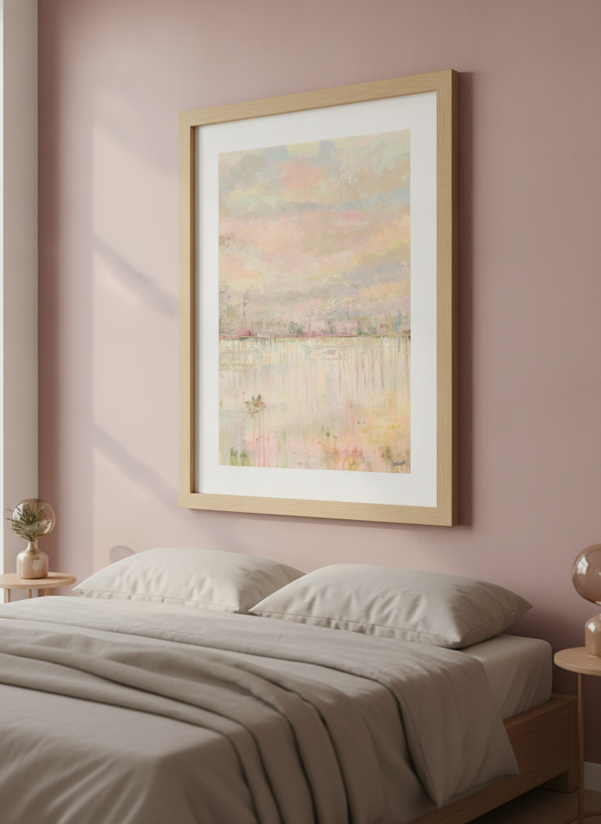 Minimalist artwork displayed in a calm, light-filled bedroom interior