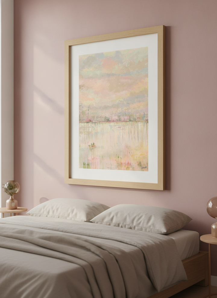 Minimalist artwork displayed in a calm, light-filled bedroom interior