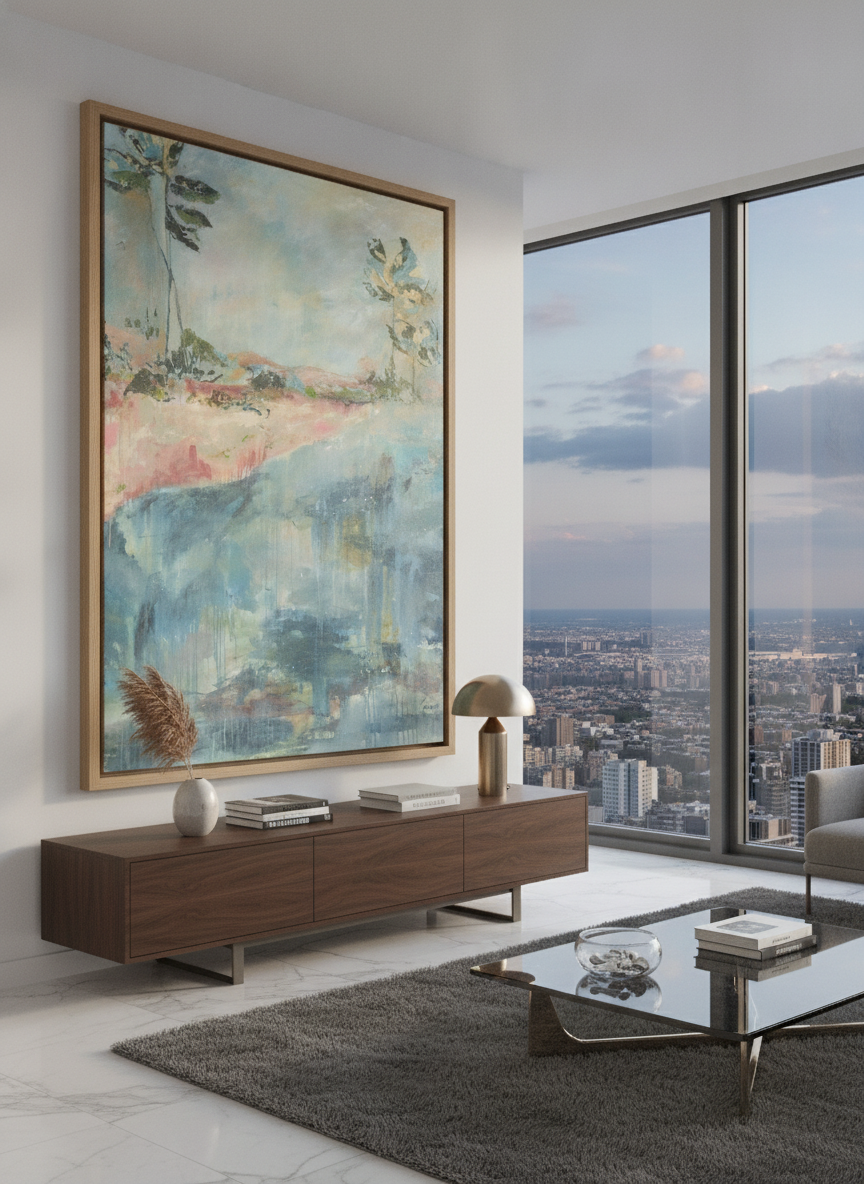 Monumental artwork centred on a feature wall in a luxe interior