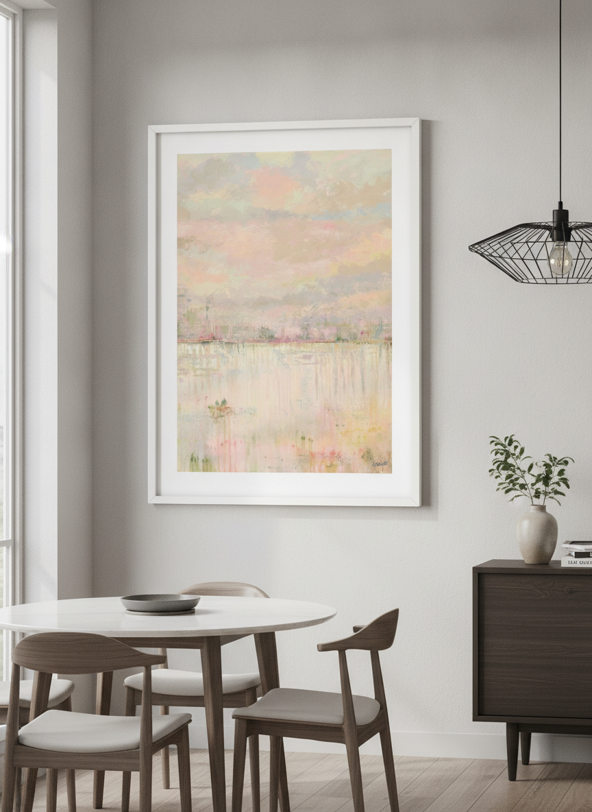 Wall art styled above a dining table in a contemporary home