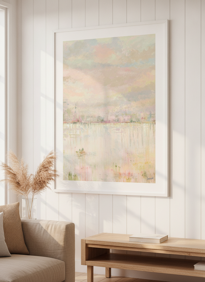 Neutral wall art displayed in a sunny coastal beach house