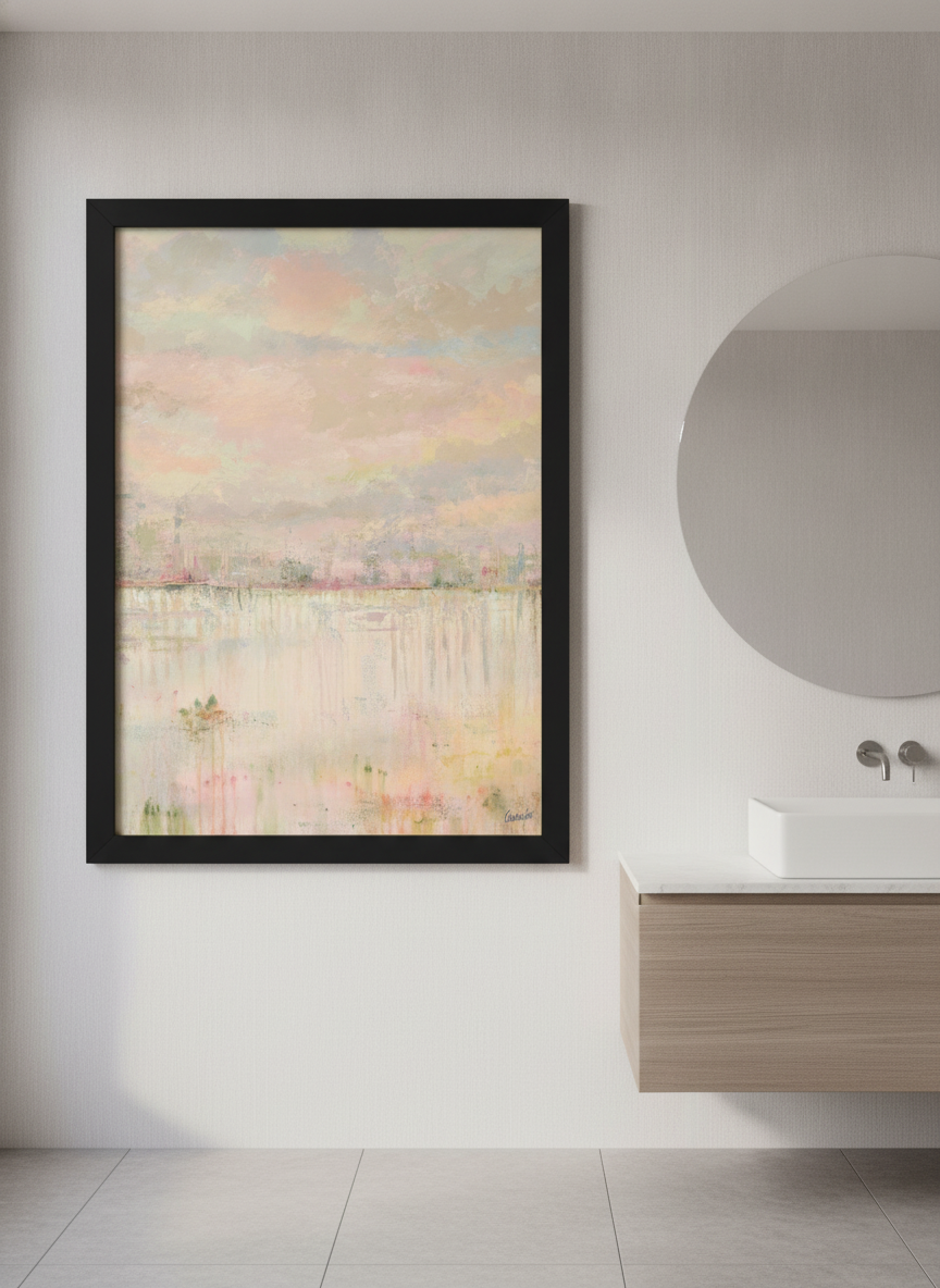 Modern print displayed in a clean minimalist bathroom setting