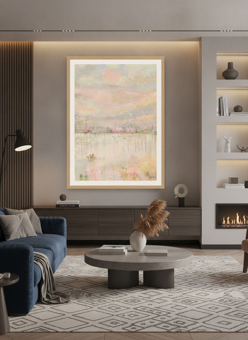 Monumental artwork centred on a feature wall in a luxe interior