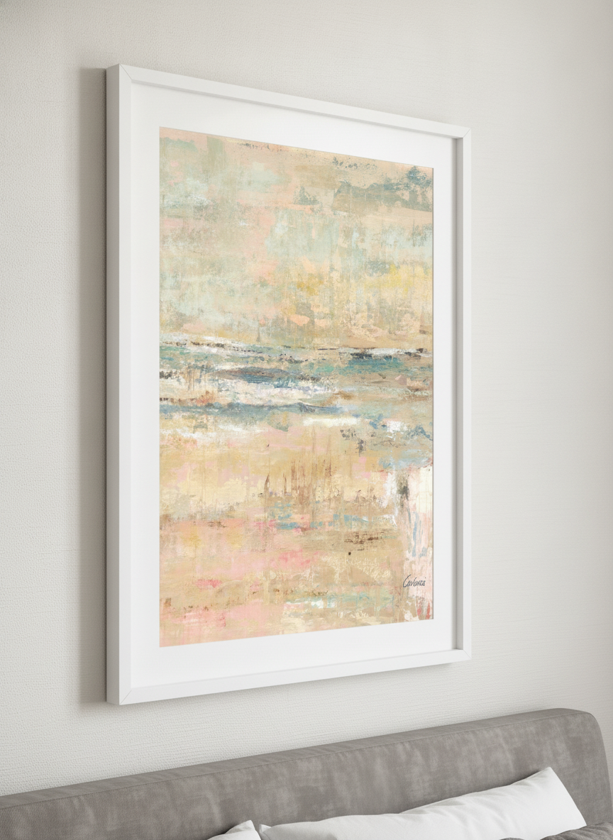 Minimalist artwork displayed in a calm, light-filled bedroom interior