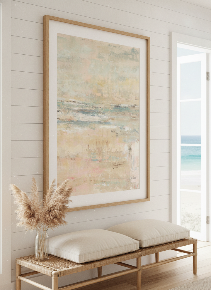 Neutral wall art displayed in a sunny coastal beach house