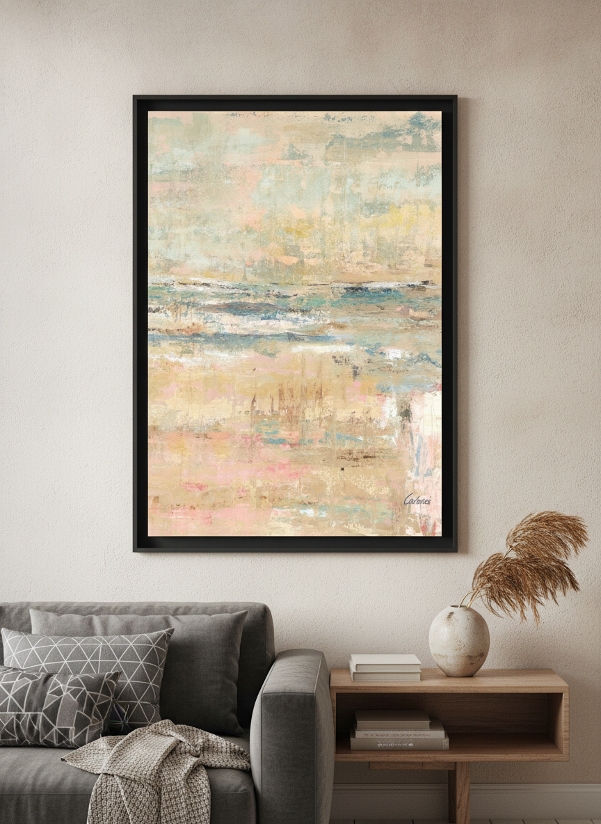 Modern wall art styled above a sofa in a neutral living room