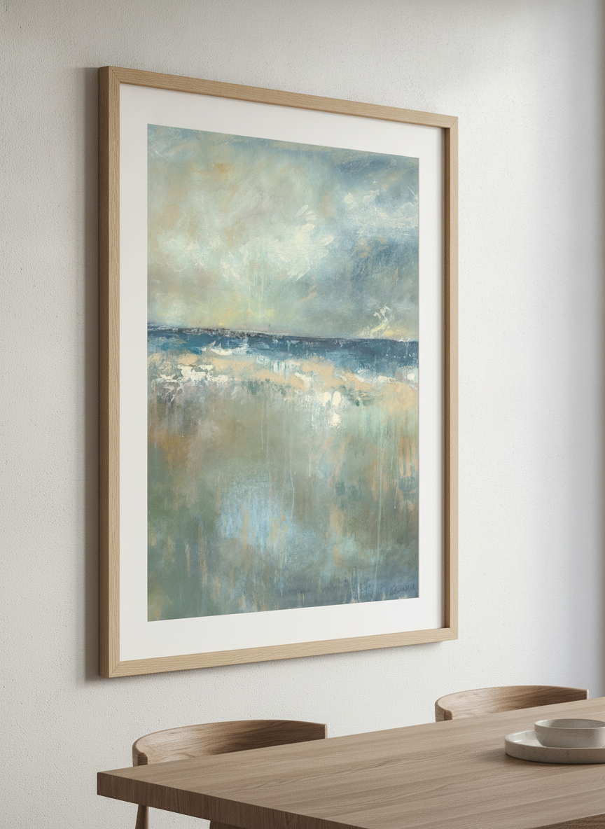 Wall art styled above a dining table in a contemporary home
