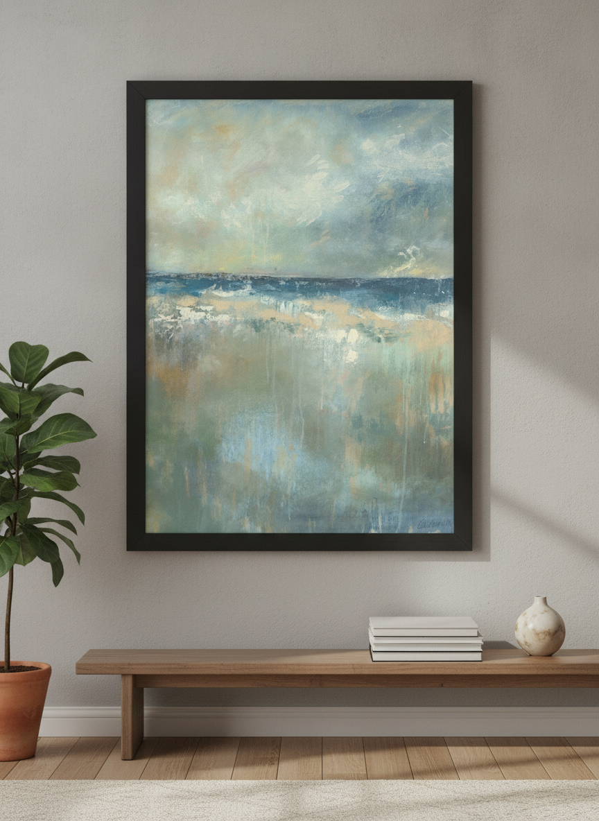 Modern wall art styled above a sofa in a neutral living room